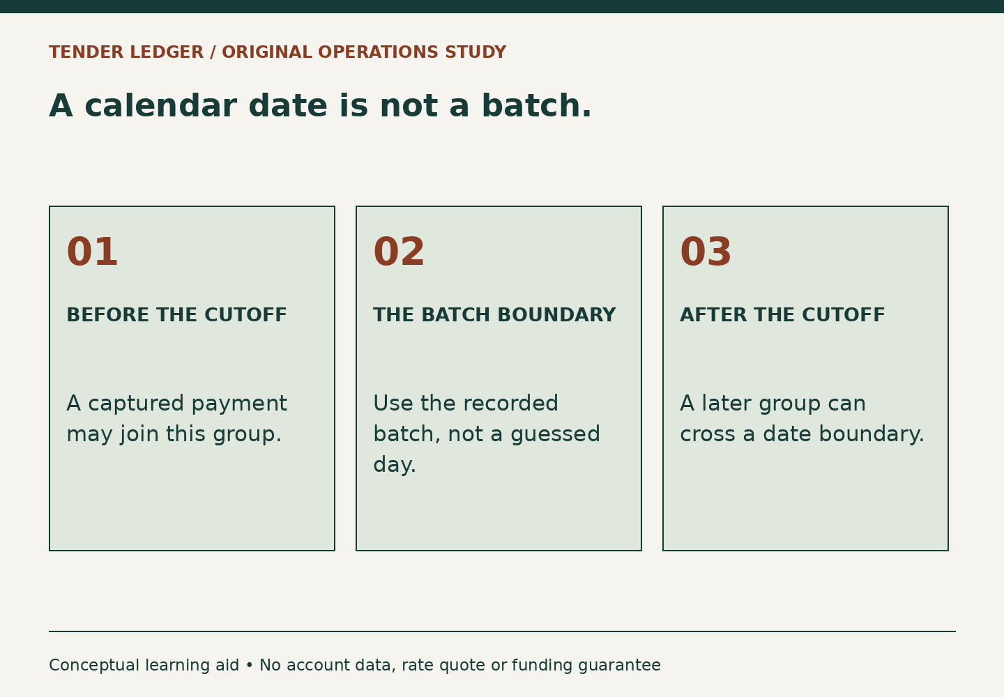 Three conceptual columns separate activity before a batch cutoff, the recorded batch boundary and activity after it. No actual cutoff time is asserted.