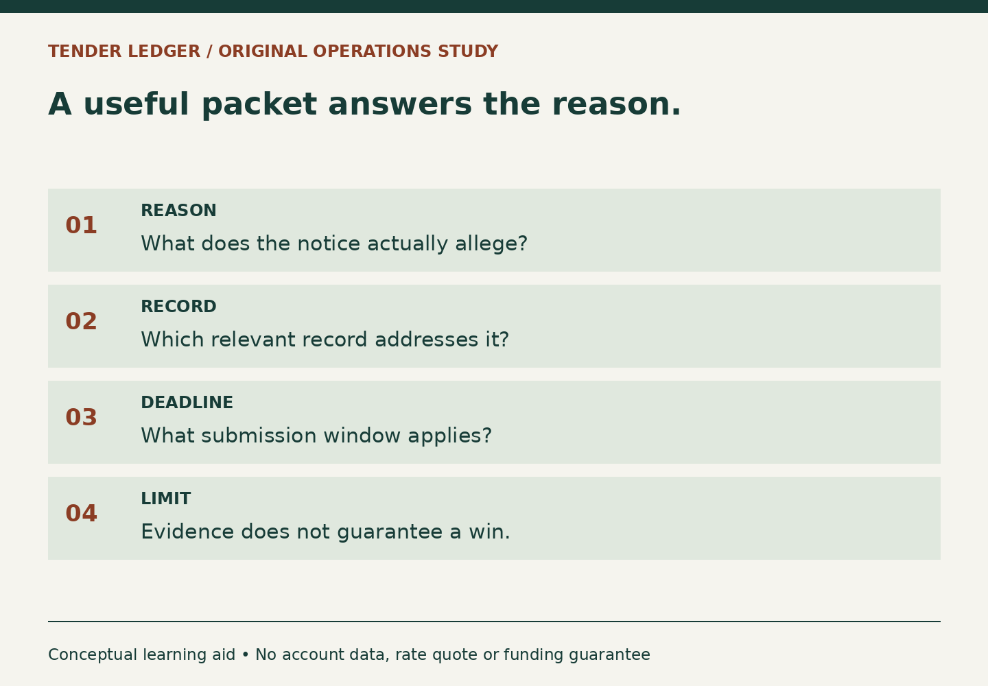 Four cards connect a dispute reason with a relevant record, the applicable deadline and an explicit limit that evidence does not guarantee the outcome.